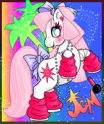 Size: 1689x2000 | Tagged: safe, artist:noelle23, derpibooru import, ponified, earth pony, pony, bow, clothes, ear piercing, earring, female, g3, image, jem, jem and the holograms, jewelry, jpeg, leg warmers, mare, necklace, open mouth, open smile, piercing, rearing, smiling, solo, sparkles, tail, tail bow