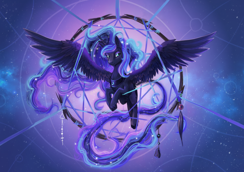 Size: 2283x1614 | Tagged: safe, artist:dalagar, derpibooru import, princess luna, alicorn, pony, commission, commissioner:shaddar, cute, dream walker luna, dreamcatcher, dreamcaught luna, female, image, lunabetes, mare, peytral, png, solo