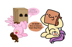 Size: 1148x758 | Tagged: safe, artist:paperbagpony, artist:shinta-girl, derpibooru import, oc, oc:paper bag, oc:shinta pony, bag, collaboration, dialogue, fake cutie mark, image, oh dear, paper bag, png, simple background, spanish, white background