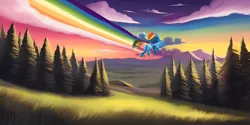 Size: 2160x1080 | Tagged: safe, derpibooru import, machine learning generated, purplesmart.ai, stable diffusion, rainbow dash, pegasus, pony, cloud, female, flying, forest, grass, grass field, image, mare, mountain, png, rainbow, scenery, sky, solo, sunset, tree, upscaled