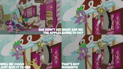 Size: 2000x1125 | Tagged: safe, derpibooru import, edit, edited screencap, editor:quoterific, screencap, discord, spike, sugar belle, the big mac question, apple, food, image, png