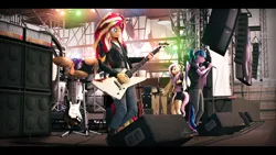 Size: 9600x5400 | Tagged: safe, artist:imafutureguitarhero, derpibooru import, fluttershy, on stage, sci-twi, starlight glimmer, sunset shimmer, twilight sparkle, twilight sparkle (alicorn), alicorn, anthro, classical unicorn, pegasus, pony, unguligrade anthro, unicorn, 3d, absurd file size, absurd resolution, amplifier, arm fluff, arm freckles, bass guitar, beanie, billboard, black bars, cheek fluff, chromatic aberration, clothes, cloven hooves, colored eyebrows, colored eyelashes, cymbals, denim, drum kit, drums, drumsticks, ear fluff, elbow fluff, electric guitar, explorer, eyes closed, female, females only, fender, fender bassman, fender jazz bass, film grain, floppy ears, fluffy, fluffy hair, fluffy mane, fluffy tail, freckles, fur, gibson, glasses, glasses off, gong, group, guitar, guitar amp, guitar cabinet, hat, hoof boots, hoof fluff, horn, image, jacket, jeans, jpeg, keyboard, leather, leather jacket, leonine tail, long hair, long mane, mare, microphone, microphone stand, multicolored hair, multicolored mane, multicolored tail, musical instrument, nose wrinkle, open mouth, outdoors, paintover, pants, partially open wings, peppered bacon, playing instrument, quartet, revamped anthros, revamped ponies, scaffolding, scitwilicorn, shirt, shorts, signature, singing, sky, smiling, source filmmaker, speaker, stadium, stage, stage light, synthesizer, tail, unshorn fetlocks, wall of tags, wings