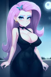 Size: 2048x3072 | Tagged: suggestive, ai content, derpibooru import, editor:bazed, machine learning generated, purplesmart.ai, stable diffusion, fluttershy, butterfly, human, insect, equestria girls, g4, big breasts, black dress, breasts, busty fluttershy, choker, chokershy, cleavage, clothes, dress, ear piercing, earring, erect nipples, eyeshadow, female, fluttergoth, generator:purplesmart.ai, goth, high res, image, jewelry, jpeg, leaning back, lidded eyes, light skin, little black dress, looking at you, makeup, moon, night, nipple outline, one piece, piercing, prompter:bazed, sideboob, skintight clothes, sky, smiling, solo, stars, thighs, thunder thighs, unitard, wide hips