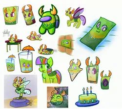 Size: 3300x2929 | Tagged: safe, artist:zutcha, derpibooru import, thorax, ponified, changedling, changeling, pony, rabbit, :3, :p, among us, animal, ballerina, birthday cake, blushing, body pillow, book, brick, c:, cake, candle, crewmate, cup, cute, desk, drink, figurine, food, ice, ice cream, image, inanimate tf, jpeg, king thorax, merchandise, open mouth, phone, roomba, smiling, species swap, thorabetes, tongue out, transformation, wat