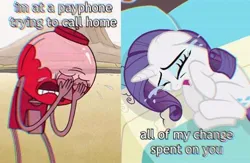 Size: 640x418 | Tagged: safe, derpibooru import, edit, edited screencap, screencap, rarity, unicorn, benson, crossover, crossover shipping, crying, curled up, female, gumball machine, horn, image, jpeg, male, regular show, shipping, song reference, straight