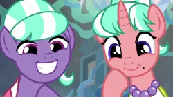 Size: 1280x720 | Tagged: safe, derpibooru import, screencap, stepford ponies, pony, unicorn, what lies beneath, beauty mark, duo, female, image, jewelry, mare, mole, necklace, nightmare cave, pearl necklace, png, smiling