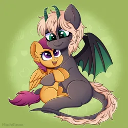 Size: 2500x2500 | Tagged: safe, artist:madelinne, derpibooru import, scootaloo, oc, oc:maverick shadowclaw, bat pony, pegasus, pony, bat pony oc, bat wings, cuddling, duo, female, filly, foal, happy, horns, hug, image, png, simple background, wings