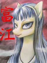 Size: 1076x1432 | Tagged: safe, artist:ph平和, derpibooru import, pony, big eyes, image, jpeg, junji ito, looking at you, monochrome, solo, tomie, traditional art