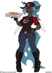 Size: 848x1200 | Tagged: safe, artist:chrysalisdraws, derpibooru import, queen chrysalis, anthro, changeling, changeling queen, unguligrade anthro, baseball cap, boots, cap, clothes, female, glasses, hand on hip, hat, image, pizza box, pizza delivery, png, shoes, simple background, white background