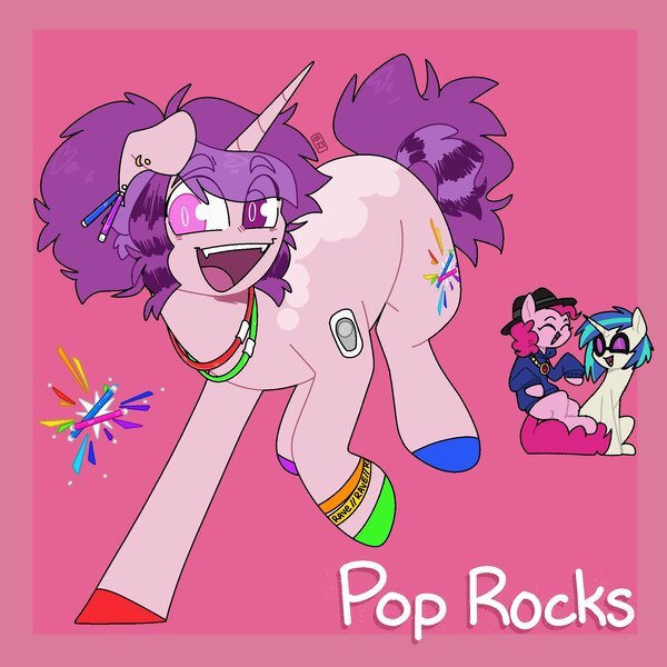 Size: 2000x2000 | Tagged: safe, artist:orionofthestars, derpibooru import, pinkie pie, vinyl scratch, oc, oc:pop rocks, earth pony, pony, unicorn, female, image, jpeg, magical lesbian spawn, offspring, parent:pinkie pie, parent:vinyl scratch, parents:vinylpie, trio