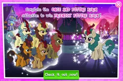 Size: 1961x1300 | Tagged: safe, derpibooru import, official, fern flare, maple brown, pumpkin smoke, kirin, advertisement, cloven hooves, collection, english, fall foliage, female, gameloft, horn, image, jpeg, male, mobile game, my little pony: magic princess, river song, season sunshine, text