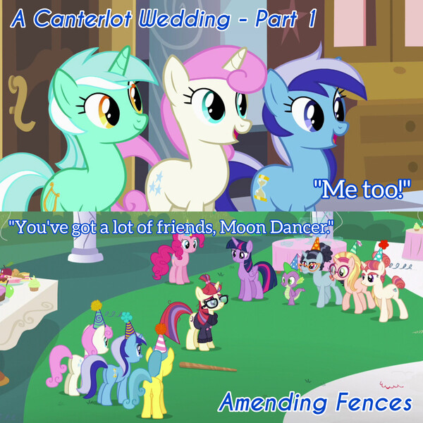 Size: 3072x3072 | Tagged: safe, derpibooru import, edit, edited screencap, editor:itsmgh1203, screencap, lemon hearts, lyra heartstrings, minuette, moondancer, pinkie pie, spike, twilight sparkle, twilight sparkle (alicorn), twinkleshine, alicorn, dragon, earth pony, pony, unicorn, a canterlot wedding, amending fences, season 2, season 5, female, frown, image, jpeg, male, mare, open mouth, open smile, smiling, text