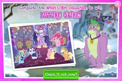 Size: 1958x1298 | Tagged: safe, derpibooru import, official, applejack, fluttershy, pinkie pie, rainbow dash, rarity, spike, twilight sparkle, alicorn, dragon, earth pony, pegasus, pony, unicorn, advertisement, applejack's hat, candy, clothes, collection, cowboy hat, crown, english, ethereal mane, female, folded wings, food, gameloft, hat, horn, image, jacket, jewelry, jpeg, lollipop, male, mare, medal, mobile game, my little pony: magic princess, neckerchief, older, older applejack, older fluttershy, older pinkie pie, older rainbow dash, older rarity, older spike, older twilight, plushie, ponytail, regalia, rubber duck, text, wings