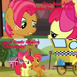 Size: 3072x3072 | Tagged: safe, derpibooru import, edit, edited screencap, editor:itsmgh1203, screencap, apple bloom, babs seed, earth pony, pony, apple family reunion, one bad apple, season 3, apple bloom's bow, bow, duo, duo female, female, filly, foal, hair bow, hug, image, jpeg, open mouth, smiling, taxi, text
