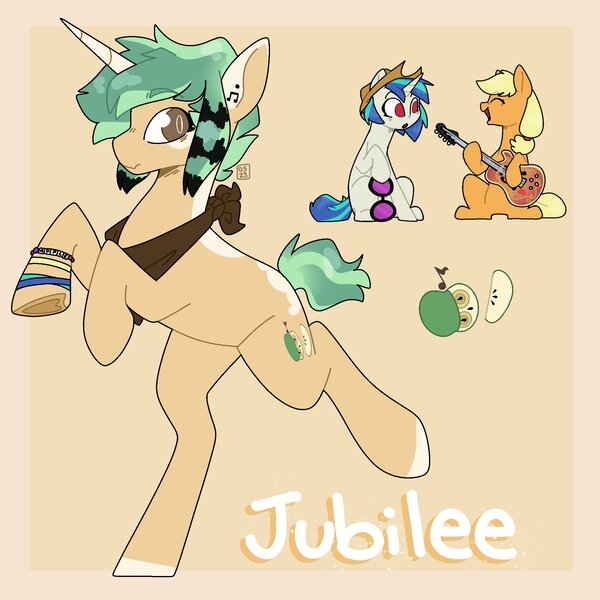 Size: 2000x2000 | Tagged: safe, artist:orionofthestars, derpibooru import, applejack, vinyl scratch, oc, oc:jubilee, earth pony, pony, unicorn, female, guitar, image, jpeg, lesbian, magical lesbian spawn, male, musical instrument, offspring, parents:vinyljack, shipping, trio, vinyljack