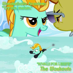 Size: 3072x3072 | Tagged: safe, derpibooru import, edit, edited screencap, editor:itsmgh1203, screencap, lightning dust, spitfire, pegasus, pony, season 3, season 8, the washouts (episode), wonderbolts academy, spoiler:s08, duo, duo female, female, frown, image, jpeg, mare, open mouth, open smile, smiling, spread wings, sunglasses, text, the washouts, wings