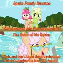 Size: 3072x3072 | Tagged: safe, derpibooru import, edit, edited screencap, editor:itsmgh1203, screencap, apple rose, granny smith, earth pony, pony, apple family reunion, season 3, season 9, the point of no return, spoiler:s09, duo, duo female, female, image, jpeg, open mouth, open smile, smiling, text, young apple rose, young granny smith, younger