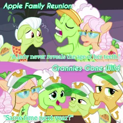 Size: 3072x3072 | Tagged: safe, derpibooru import, edit, edited screencap, editor:itsmgh1203, screencap, apple rose, auntie applesauce, goldie delicious, granny smith, earth pony, pony, apple family reunion, grannies gone wild, season 3, season 8, spoiler:s08, eyes closed, female, hot air balloon, image, jpeg, male, mare, open mouth, open smile, smiling, stallion, text, twinkling balloon