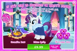 Size: 1962x1298 | Tagged: safe, derpibooru import, official, rarity, pony, unicorn, advertisement, clothes, costs real money, dress, english, female, gameloft, horn, image, jpeg, mannequin, mare, mobile game, my little pony: magic princess, numbers, older, older rarity, sale, solo, solo focus, text