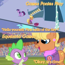 Size: 3072x3072 | Tagged: safe, derpibooru import, edit, edited screencap, editor:itsmgh1203, screencap, ms. harshwhinny, spike, twilight sparkle, dragon, earth pony, pony, unicorn, equestria games (episode), games ponies play, season 3, season 4, crystal empire, eyes closed, female, image, jpeg, mare, open mouth, open smile, puddle, smiling, text, trio, unicorn twilight