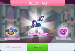 Size: 1268x858 | Tagged: safe, derpibooru import, official, rarity, pony, unicorn, bundle, clothes, costs real money, dress, english, female, gameloft, horn, image, jpeg, mannequin, mare, mobile game, my little pony: magic princess, numbers, older, older rarity, sale, solo, solo focus, text