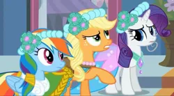 Size: 2160x1192 | Tagged: safe, derpibooru import, screencap, applejack, rainbow dash, rarity, earth pony, pegasus, pony, unicorn, a canterlot wedding, bridesmaid dress, canterlot, canterlot castle, clothes, confused, dress, floral head wreath, flower, flower in hair, force field, gown, image, jpeg, looking up, marriage, raised hoof, royal wedding, wedding