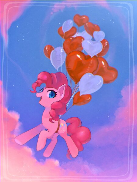 Size: 1500x2000 | Tagged: safe, artist:hosikawa, derpibooru import, pinkie pie, earth pony, pony, balloon, cloud, female, floating, heart, heart balloon, image, jpeg, mare, open mouth, open smile, sky, smiling, solo, then watch her balloons lift her up to the sky