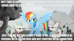 Size: 2160x1191 | Tagged: safe, anonymous editor, derpibooru import, edit, edited screencap, screencap, barley barrel, pickle barrel, rainbow dash, pegasus, pony, rainbow roadtrip, angry, annoyed, barrel twins, barrelcest, beanie, blank flank, brother, brother and sister, caption, closed mouth, clothes, cloud, colt, cute, dialogue, discovery family, discovery family logo, exclamation point, eyebrows, eyelashes, eyes open, family, female, filly, flower, foal, freckles, g4, gray, gritted teeth, hat, hill, hoodie, image, imminent foalcon, imminent impregnation, imminent incest, imminent sex, impact font, implied foalcon, implied incest, implied sex, implied shipping, implied underage, incest, logo, looking, looking at each other, looking at someone, male, mare, nostrils, open mouth, outdoors, png, shipping, shirt, siblings, sister, spread wings, straight, symbol, t-shirt, talking, teeth, text, text edit, this will end in pregnancy, tree, twincest, twins, wall of tags, wings