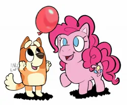 Size: 1638x1390 | Tagged: safe, artist:amynewblue, derpibooru import, pinkie pie, balloon, bingo heeler, bluey, happy, image, jpeg, keepy uppy, open mouth, playing, that pony sure does love balloons