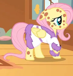 Size: 632x656 | Tagged: safe, derpibooru import, screencap, fluttershy, pony, hurricane fluttershy, bathrobe, clothes, cropped, fake, female, image, jpeg, mare, pony pox, raised hoof, robe, solo