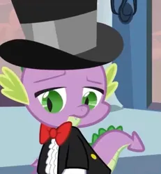 Size: 1494x1620 | Tagged: safe, derpibooru import, screencap, spike, dragon, a canterlot wedding, ashamed, bowtie, canterlot, canterlot castle, clothes, cropped, disappointed, disappointment, feeling down, force field, hat, image, jpeg, marriage, royal wedding, solo, suit, top hat, tuxedo, wedding