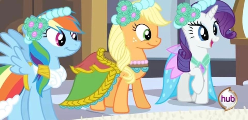 Size: 2160x1052 | Tagged: safe, derpibooru import, screencap, applejack, rainbow dash, rarity, earth pony, pegasus, pony, unicorn, a canterlot wedding, bedroom, bridesmaid, bridesmaid dress, clothes, door, dress, floral head wreath, flower, flower in hair, happy, image, jpeg, marriage, mirror, royal wedding, rug, wedding