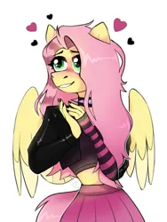 Size: 1620x2160 | Tagged: safe, artist:rtootb, derpibooru import, fluttershy, anthro, pegasus, pony, black coat, black nails, black top, blushing, choker, clothes, collar, draw this in your style, dtiys, emo, evening gloves, female, fingerless elbow gloves, fingerless gloves, floating heart, g4, gloves, heart, image, jacket, leather, leather jacket, long gloves, looking offscreen, looking up, mare, midriff, nail polish, pink skirt, png, simple background, smiling, solo, spiked choker, spread wings, striped gloves, white background, wings