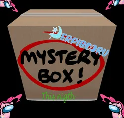 Size: 3888x3688 | Tagged: safe, artist:miky94c, derpibooru import, pinkie pie, derpibooru, among us, black background, cardboard box, derpibooru exclusive, image, logo, meta, mystery box, png, simple background
