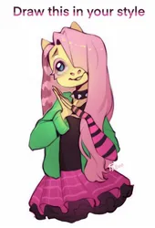 Size: 1064x1562 | Tagged: safe, artist:fedos, derpibooru import, fluttershy, anthro, pony, alternate design, blushing, choker, clothes, cute, draw this in your style, dtiys, dtiys emoflat, emo, evening gloves, female, fingerless elbow gloves, fingerless gloves, gloves, hair over one eye, half body, hoodie, image, it begins, jpeg, long gloves, looking up, meme origin, scene kid, signature, simple background, skirt, smiling, solo, solo female, spiked choker, striped gloves, sweater, white background