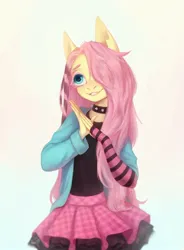 Size: 1588x2160 | Tagged: safe, artist:inarimayer, derpibooru import, fluttershy, anthro, abstract background, blushing, choker, clothes, cute, draw this in your style, dtiys, dtiys emoflat, evening gloves, fingerless elbow gloves, fingerless gloves, gloves, gradient background, hair over one eye, hoodie, image, jpeg, long gloves, skirt, solo, spiked choker, striped gloves, sweater, that was fast