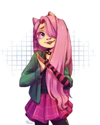 Size: 1722x2160 | Tagged: safe, artist:dinoks paradoks, derpibooru import, fluttershy, anthro, checkered background, choker, clothes, cute, draw this in your style, dtiys, dtiys emoflat, evening gloves, fingerless elbow gloves, fingerless gloves, gloves, hair over one eye, hoodie, image, jpeg, long gloves, signature, simple background, skirt, solo, spiked choker, striped gloves, sweater, white background