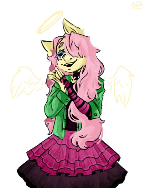 Size: 1668x2160 | Tagged: safe, artist:dednedead, derpibooru import, fluttershy, anthro, blushing, choker, clothes, cute, draw this in your style, dtiys, dtiys emoflat, evening gloves, fingerless elbow gloves, fingerless gloves, floating wings, gloves, hair over one eye, halo, hoodie, image, jpeg, long gloves, signature, simple background, skirt, solo, spiked choker, striped gloves, sweater, white background, wings