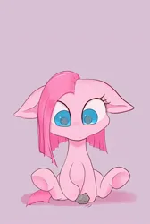 Size: 1376x2048 | Tagged: safe, artist:noupu, derpibooru import, pinkie pie, earth pony, pony, colored pupils, cute, diapinkes, female, filly, filly pinkie pie, floppy ears, image, jpeg, pinkamena diane pie, purple background, rock, simple background, sitting, solo, younger