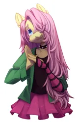 Size: 1284x1988 | Tagged: safe, artist:1nka, derpibooru import, fluttershy, anthro, choker, clothes, cute, draw this in your style, dtiys, dtiys emoflat, evening gloves, fingerless elbow gloves, fingerless gloves, gloves, hair over one eye, hoodie, image, jpeg, long gloves, signature, simple background, skirt, solo, spiked choker, striped gloves, sweater, white background