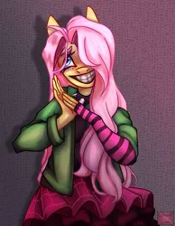 Size: 1047x1350 | Tagged: safe, artist:ghosti, derpibooru import, fluttershy, anthro, abstract background, awkward smile, choker, clothes, creepy, creepy smile, cute, draw this in your style, dtiys, dtiys emoflat, evening gloves, fingerless elbow gloves, fingerless gloves, gloves, hair over one eye, hoodie, image, long gloves, png, shadow, signature, simple background, skirt, smiling, solo, spiked choker, striped gloves, sweater