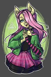 Size: 1443x2160 | Tagged: safe, artist:gigiraffe, derpibooru import, fluttershy, anthro, abstract background, bracelet, choker, circle background, clothes, cute, draw this in your style, dtiys, dtiys emoflat, ear piercing, earring, evening gloves, fingerless elbow gloves, fingerless gloves, gloves, hair over one eye, hoodie, image, jewelry, jpeg, long gloves, open mouth, piercing, ring, signature, simple background, skirt, solo, spiked choker, striped gloves, sweater