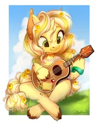 Size: 987x1280 | Tagged: safe, artist:sofiko-ko, derpibooru import, oc, unofficial characters only, pony, unicorn, apple, bracelet, choker, cloud, ear fluff, flower, flower in hair, food, grass, horn, image, jewelry, jpeg, musical instrument, partial background, peace, playing, sky, small horn, solo, sticker, text, ukulele, unshorn fetlocks