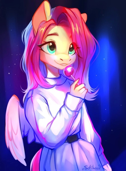 Size: 884x1200 | Tagged: safe, artist:sofiko-ko, derpibooru import, fluttershy, anthro, candy, clothes, draw this in your style, dtiys, evening, female, food, holding, image, jpeg, lollipop, looking away, open mouth, outdoors, pants, pullover, smiling, solo, standing, three quarter view, winged anthro, wings