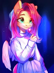 Size: 884x1200 | Tagged: safe, artist:sofiko-ko, derpibooru import, fluttershy, anthro, candy, clothes, draw this in your style, dtiys, evening, female, food, holding, image, jpeg, lollipop, looking away, open mouth, outdoors, pants, pullover, smiling, solo, standing, three quarter view, winged anthro, wings