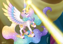 Size: 7016x4961 | Tagged: safe, artist:mesuyoru, derpibooru import, princess celestia, alicorn, pony, a canterlot wedding, action pose, cloven hooves, colored wings, female, floral head wreath, flower, flowing mane, glow, glowing horn, gradient mane, gradient wings, horn, image, jewelry, leonine tail, magic, magic aura, mare, png, screenshot redraw, solo, tail, unshorn fetlocks, wings