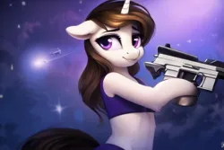 Size: 768x512 | Tagged: safe, derpibooru import, machine learning generated, novelai, stable diffusion, oc, oc:fluffymarsh, unofficial characters only, pony, unicorn, belly, brown mane, clothes, female, food, fortnite rocket event, gun, image, looking at you, mare, marshmallow, png, purple eyes, smiling, smiling at you, weapon