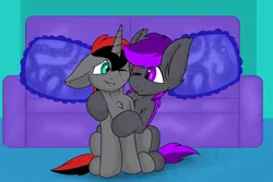 Size: 6000x4000 | Tagged: safe, artist:noblebrony317, derpibooru import, oc, oc:moonlight thunder, oc:shadow blade, bat pony, pony, unicorn, bat pony oc, bat wings, couch, horn, hug, image, looking at each other, looking at someone, one eye closed, pillow, png, sitting, snuggling, unicorn oc, wings