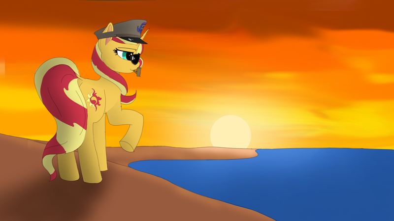 Size: 1920x1080 | Tagged: safe, artist:puginpocket, derpibooru import, sunset shimmer, pony, unicorn, equestria at war mod, beach, clothes, cutie mark, female, image, mare, mcarthur, military uniform, ocean, orange coat, png, raised hoof, red mane, seaside, skies, smoking, solo, sun, sunglasses, sunset, uniform, water, yellow mane