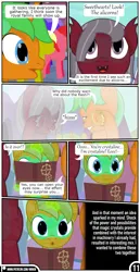 Size: 1519x2942 | Tagged: safe, artist:mrkm, derpibooru import, oc, oc:caramel star(mrkm), oc:cherry night, oc:hard sprocket, bat pony, pony, unicorn, comic:synthesis, :o, bat pony oc, bat wings, book, colt, crystal empire, dialogue, dilated pupils, ear fluff, fangs, female, foal, glow, glowing horn, hissing, horn, image, looking at you, looking up, magic, male, mare, onomatopoeia, open mouth, png, speech bubble, squint, stallion, telekinesis, unicorn oc, unshorn fetlocks, wings